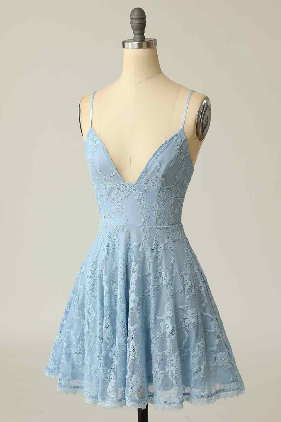 Sky Blue A-line V Neck Lace-Up Back Lace Mini Homecoming Dress