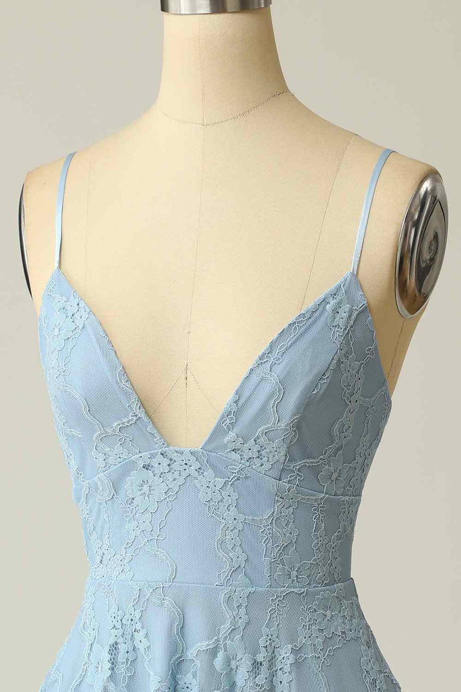 Sky Blue A-line V Neck Lace-Up Back Lace Mini Homecoming Dress