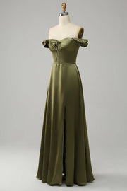 Olive A-line Off-Shoulder Satin Slit Long Bridesmaid Dress