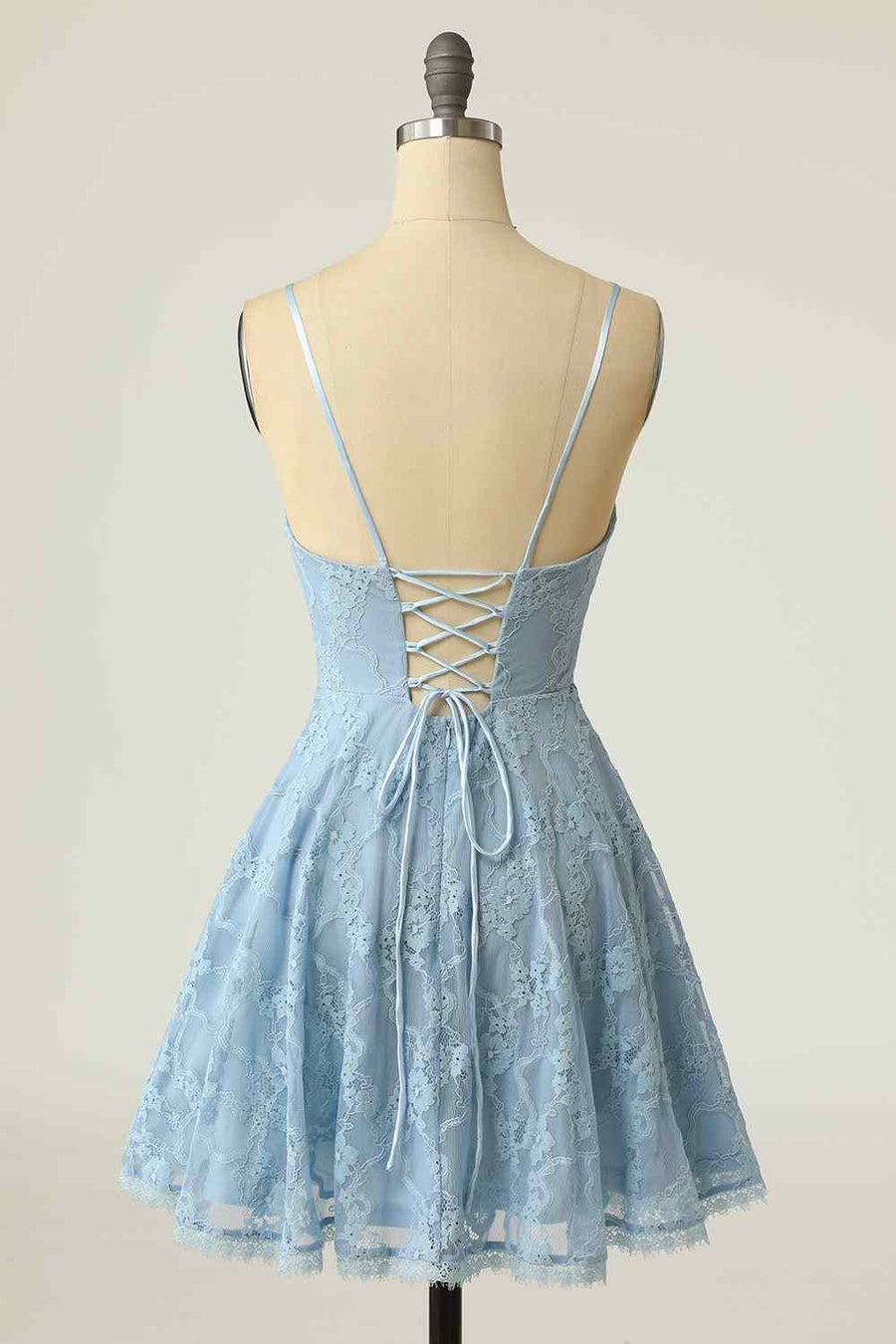 Sky Blue A-line V Neck Lace-Up Back Lace Mini Homecoming Dress