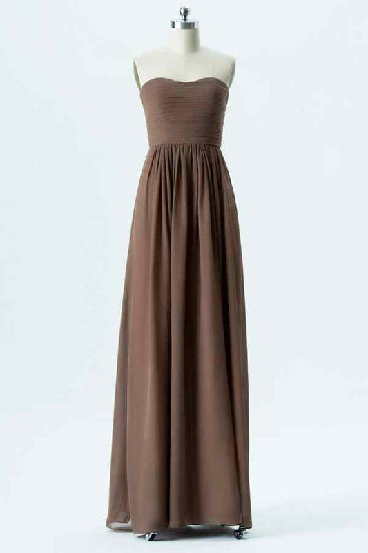 Taupe A-line Strapless Pleated Chiffon Long Bridesmaid Dress