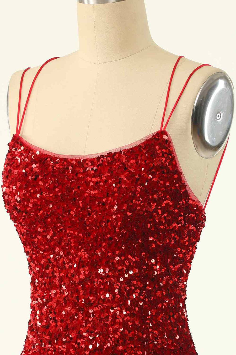Red Sheath Double Straps Lace-Up Back Sequins Mini Homecoming Dress
