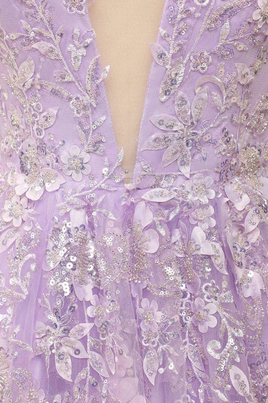 Lilac A-line V Neck Tulle Applique Lace-Up Back Long Prom Dress