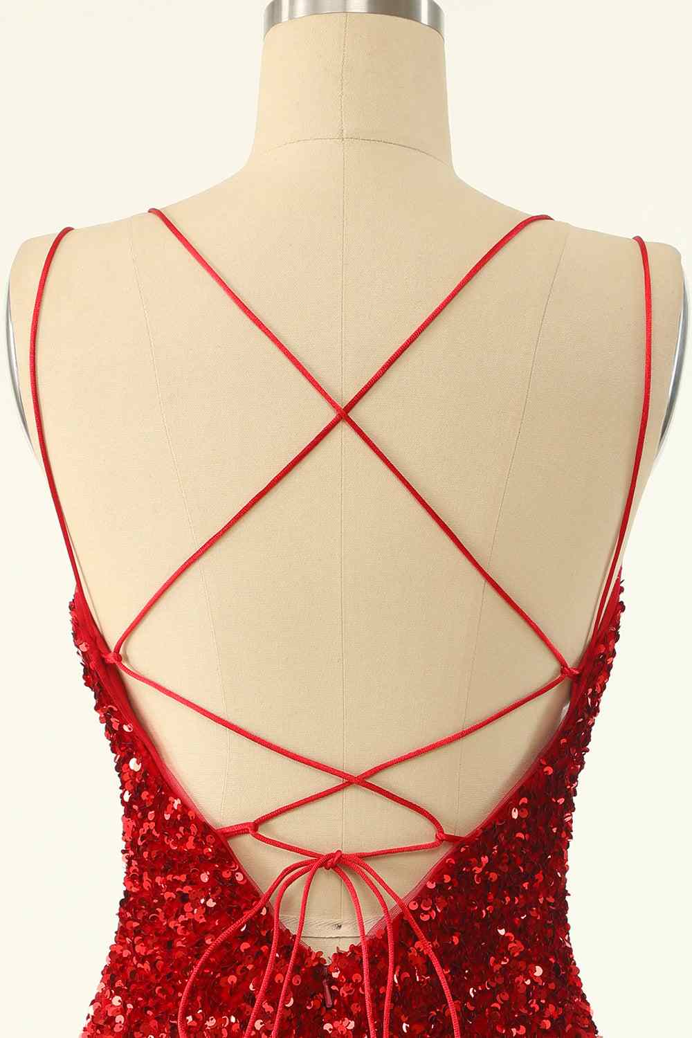 Red Sheath Double Straps Lace-Up Back Sequins Mini Homecoming Dress