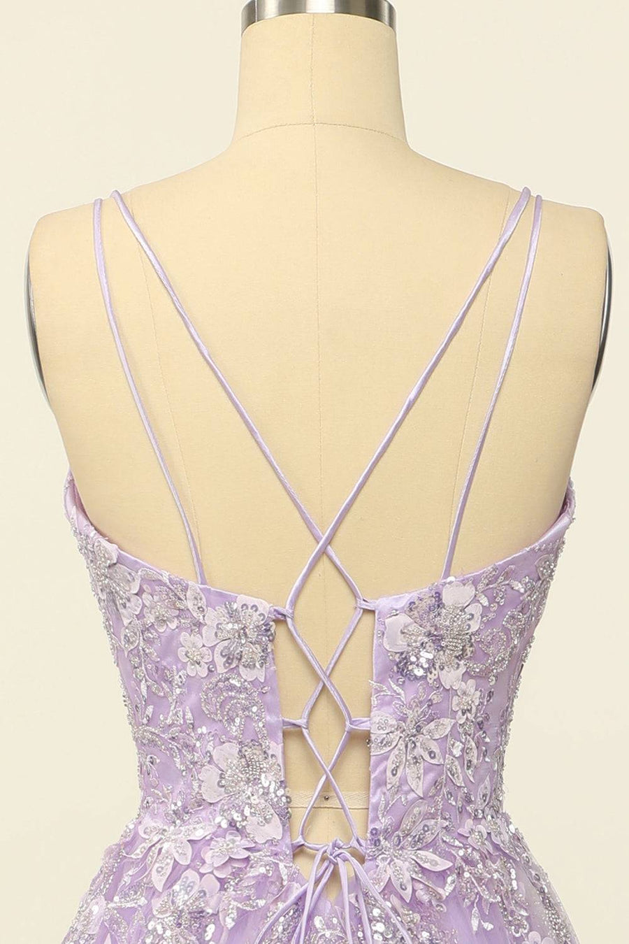 Lilac A-line V Neck Tulle Applique Lace-Up Back Long Prom Dress