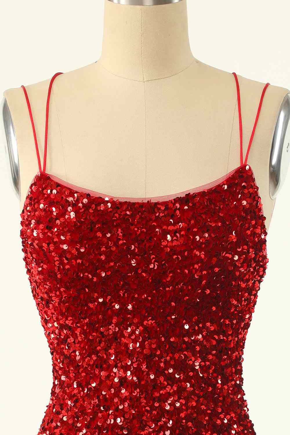 Red Sheath Double Straps Lace-Up Back Sequins Mini Homecoming Dress