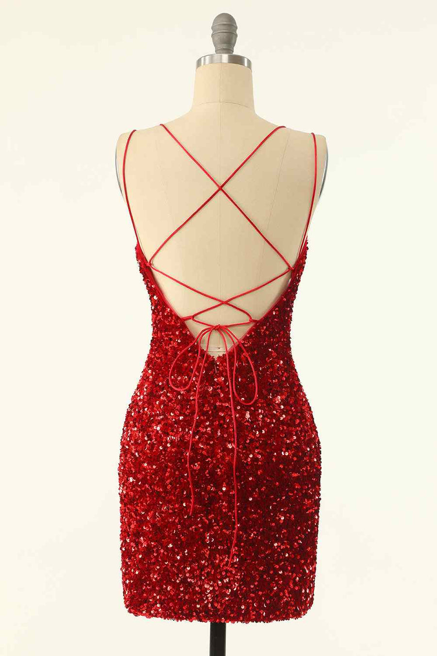 Red Sheath Double Straps Lace-Up Back Sequins Mini Homecoming Dress Red / US 4 Red Sheath Double Straps Lace-Up Back Sequins Mini Homecoming Dress Red / US 4