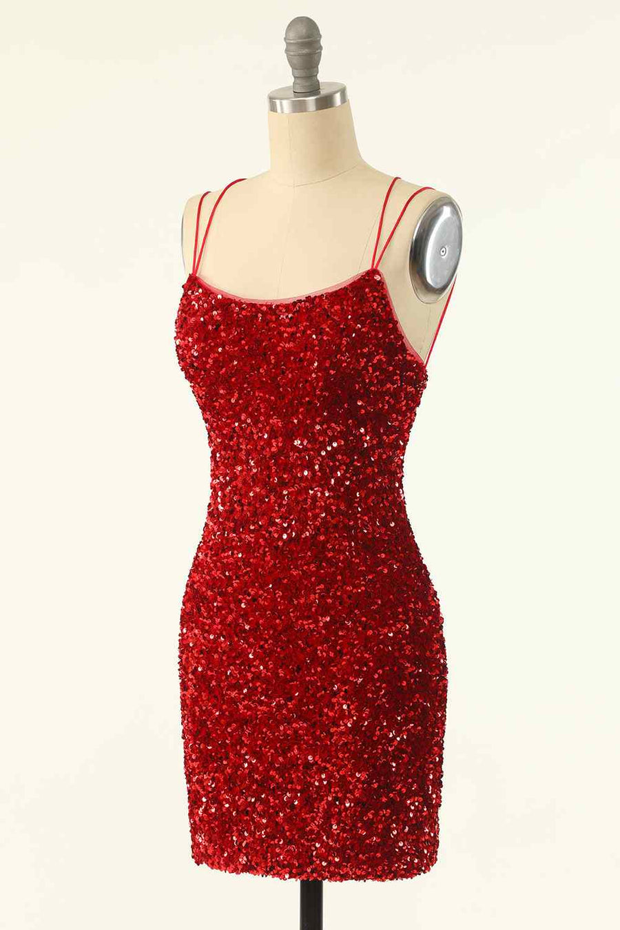 Red Sheath Double Straps Lace-Up Back Sequins Mini Homecoming Dress