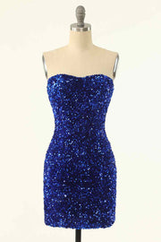 Royal Blue Sheath Strapless Sequins Mini Homecoming Dress