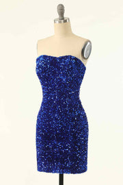 Royal Blue Sheath Strapless Sequins Mini Homecoming Dress