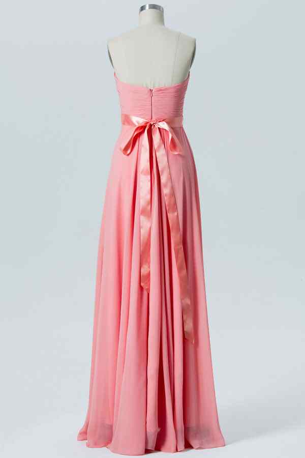 Coral A-line Strapless Pleated Chiffon Long Bridesmaid Dress with Sash