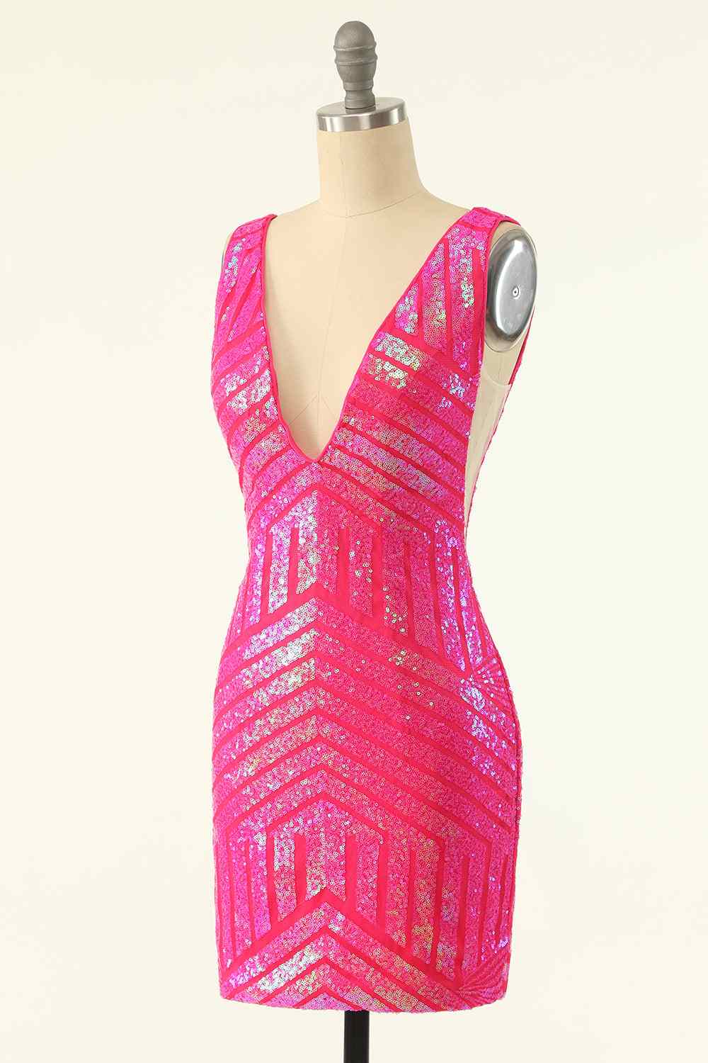 Hot Pink Sheath V Neck Sequin-Embroidered Mini Homecoming Dress