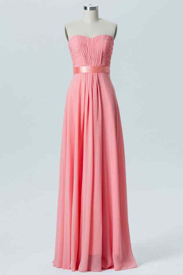 Coral A-line Strapless Pleated Chiffon Long Bridesmaid Dress with Sash