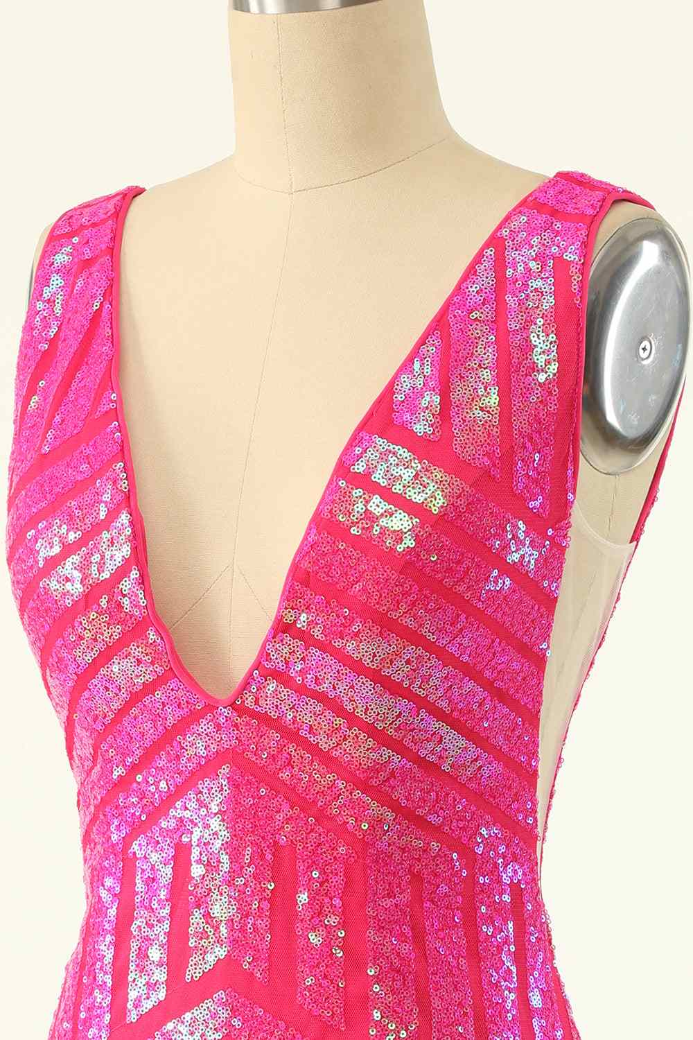 Hot Pink Sheath V Neck Sequin-Embroidered Mini Homecoming Dress