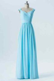 Blue A-line V Neck Pleated Chiffon Long Bridesmaid Dress