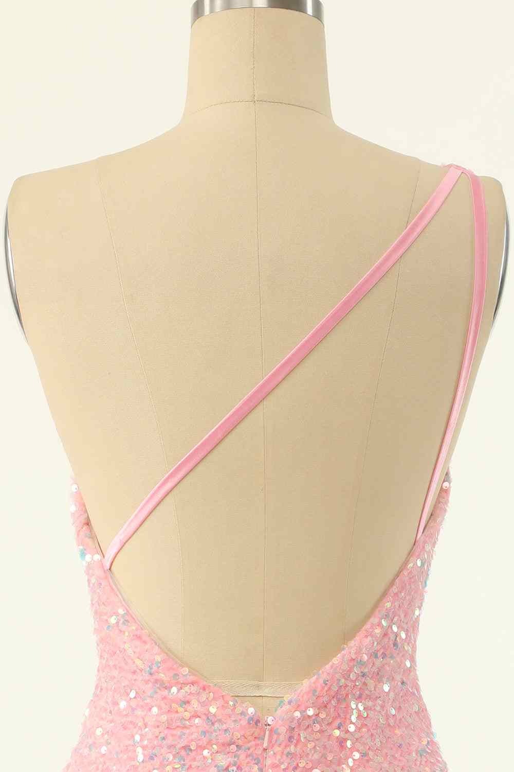 Pink Sheath One Shoulder Strap Back Sequins Mini Homecoming Dress