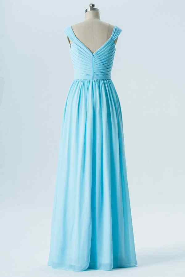 Blue A-line V Neck Pleated Chiffon Long Bridesmaid Dress