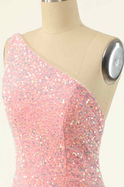 Pink Sheath One Shoulder Strap Back Sequins Mini Homecoming Dress
