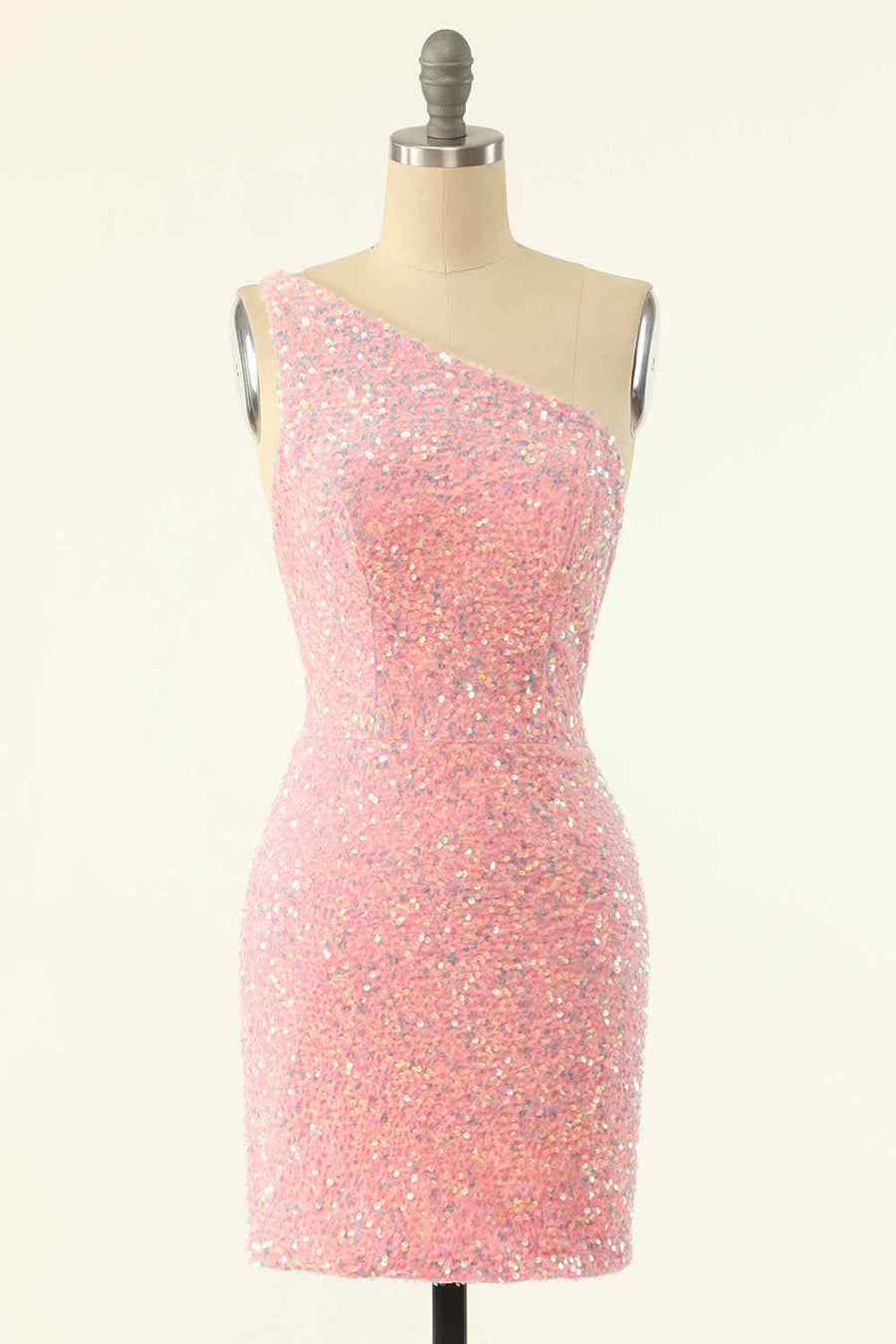 Pink Sheath One Shoulder Strap Back Sequins Mini Homecoming Dress