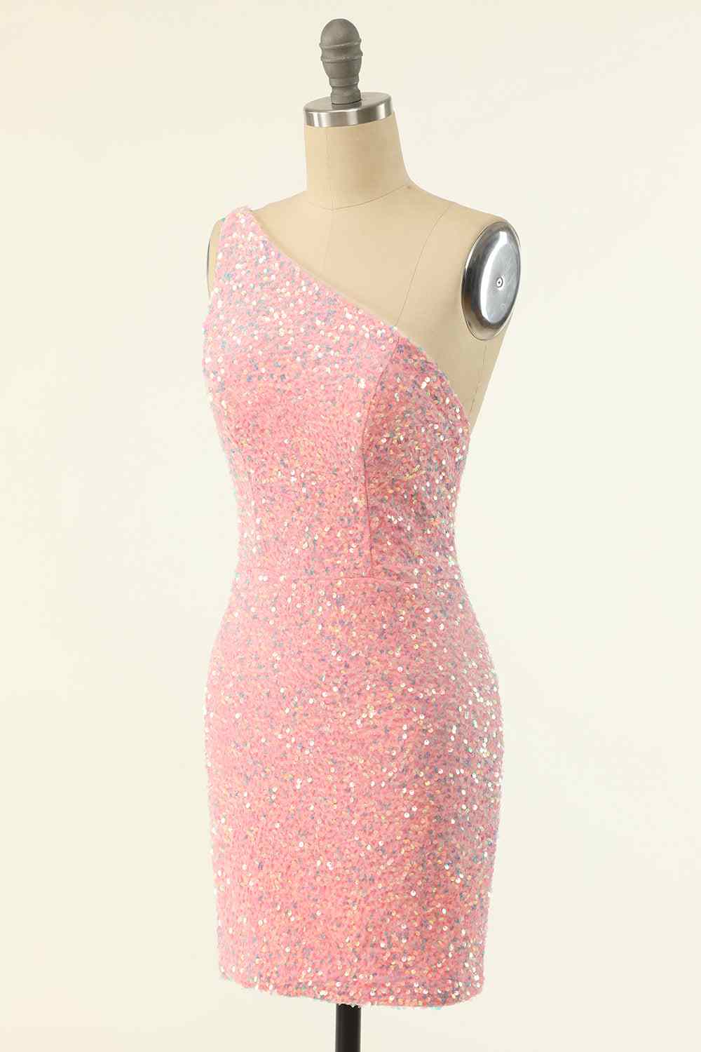 Pink Sheath One Shoulder Strap Back Sequins Mini Homecoming Dress Pink / US 10 Pink Sheath One Shoulder Strap Back Sequins Mini Homecoming Dress Pink / US 10