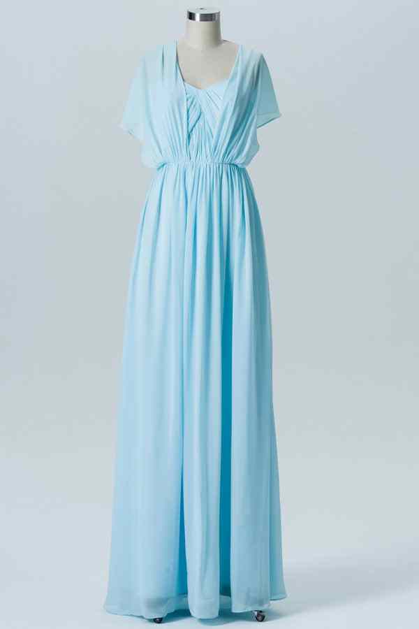 Light Blue Elastic Sheer Straps Strapless Pleated Chiffon Long Bridesmaid Dress