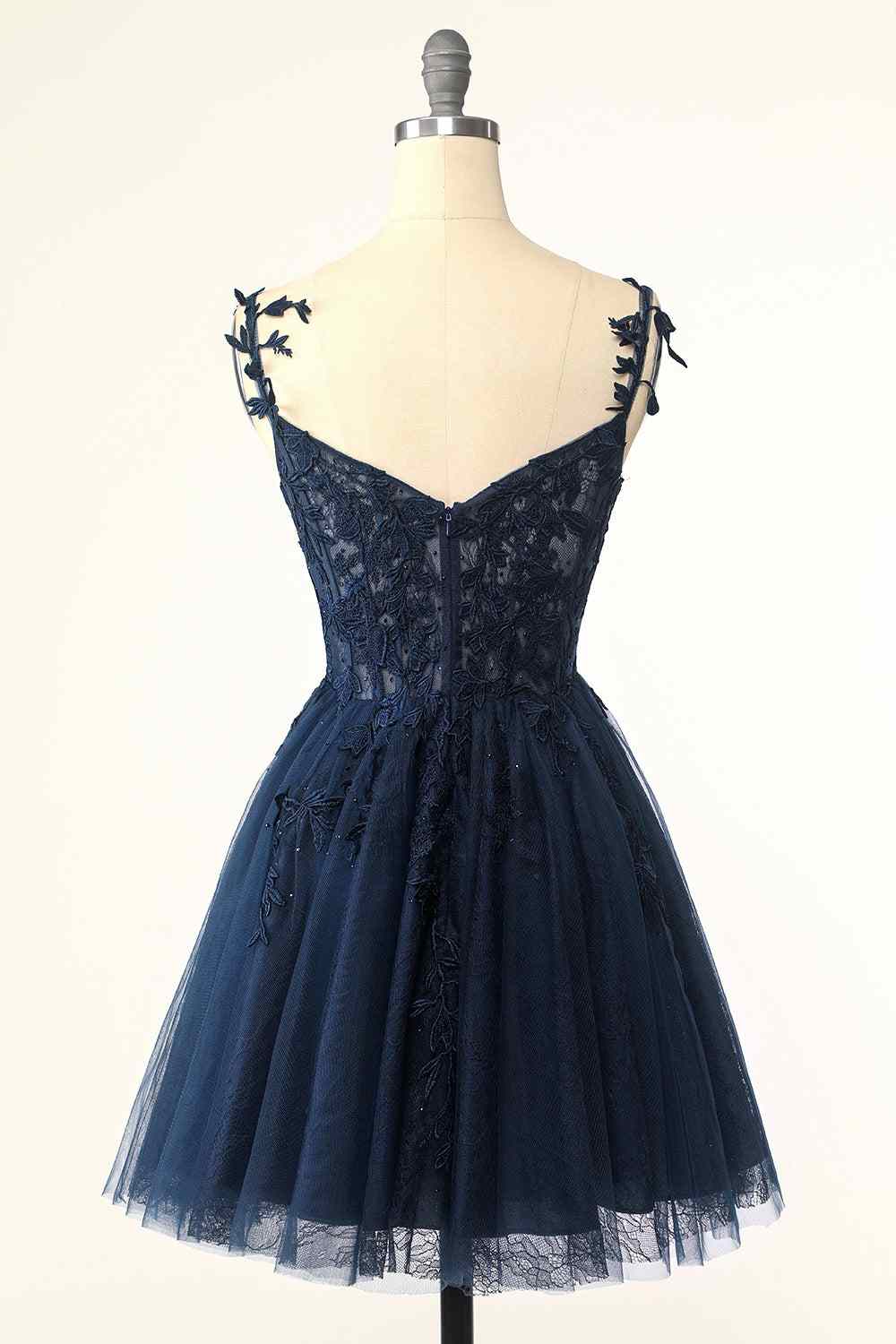 Dark Navy A-line Flower Straps Appliques Tulle Homecoming Dress