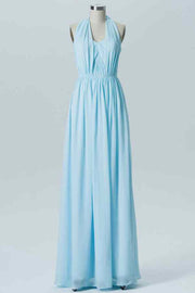 Light Blue Elastic Sheer Straps Strapless Pleated Chiffon Long Bridesmaid Dress
