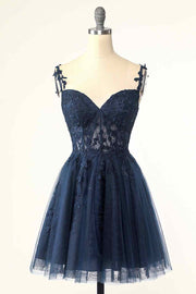 Dark Navy A-line Flower Straps Appliques Tulle Homecoming Dress