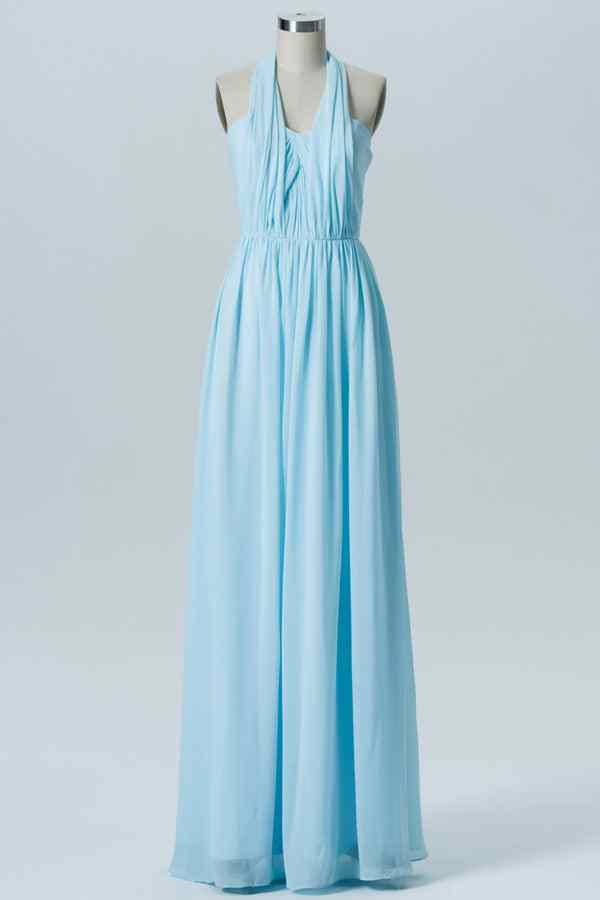 Light Blue Elastic Sheer Straps Strapless Pleated Chiffon Long Bridesmaid Dress