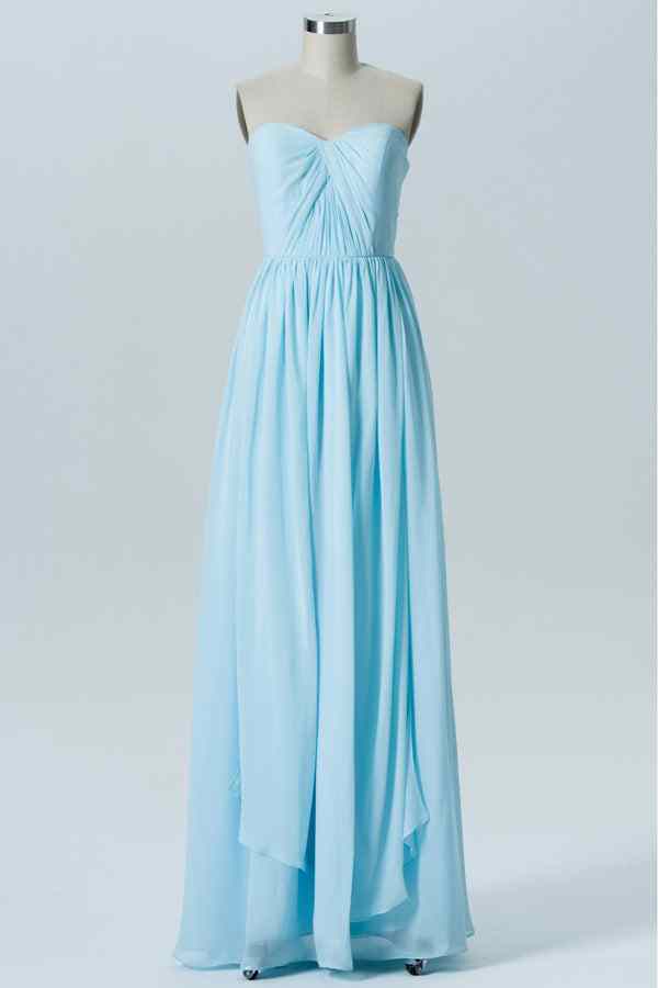 Light Blue Elastic Sheer Straps Strapless Pleated Chiffon Long Bridesm | Joyofdress Light Blue Elastic Sheer Straps Strapless Pleated Chiffon Long Bridesm | Joyofdress