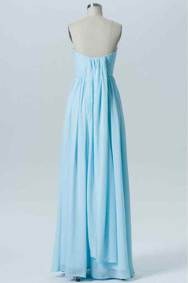 Light Blue Elastic Sheer Straps Strapless Pleated Chiffon Long Bridesmaid Dress