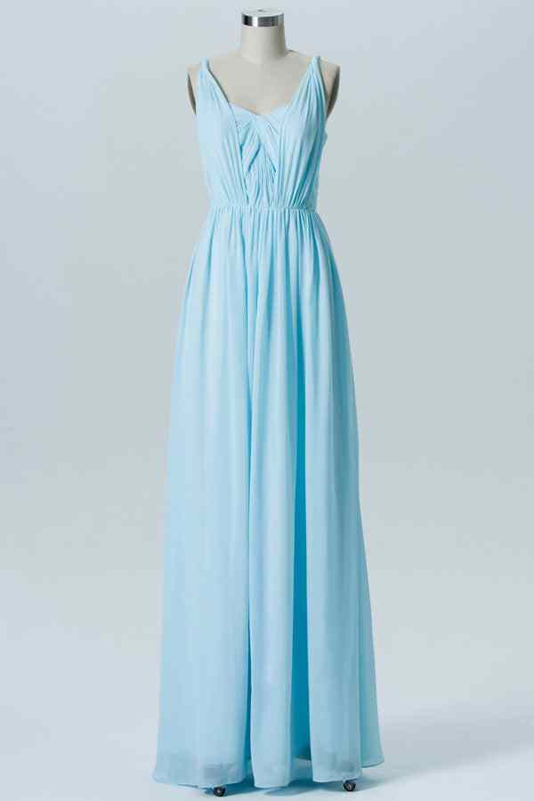 Light Blue Elastic Sheer Straps Strapless Pleated Chiffon Long Bridesmaid Dress