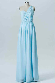 Light Blue Elastic Sheer Straps Strapless Pleated Chiffon Long Bridesmaid Dress