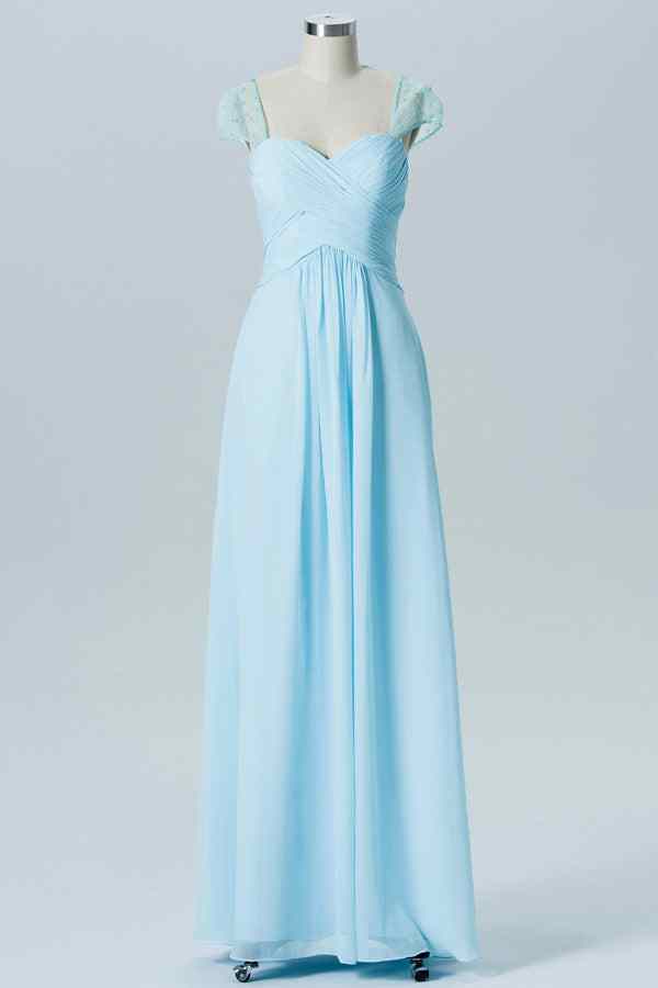 Light Blue A-line Sheer Cap Sleeves Pleated Chiffon Long Bridesmaid Dress