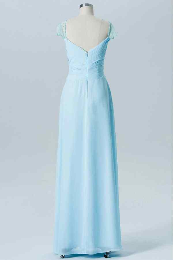 Light Blue A-line Sheer Cap Sleeves Pleated Chiffon Long Bridesmaid Dress Light Blue / US 14 Light Blue A-line Sheer Cap Sleeves Pleated Chiffon Long Bridesmaid Dress Light Blue / US 14