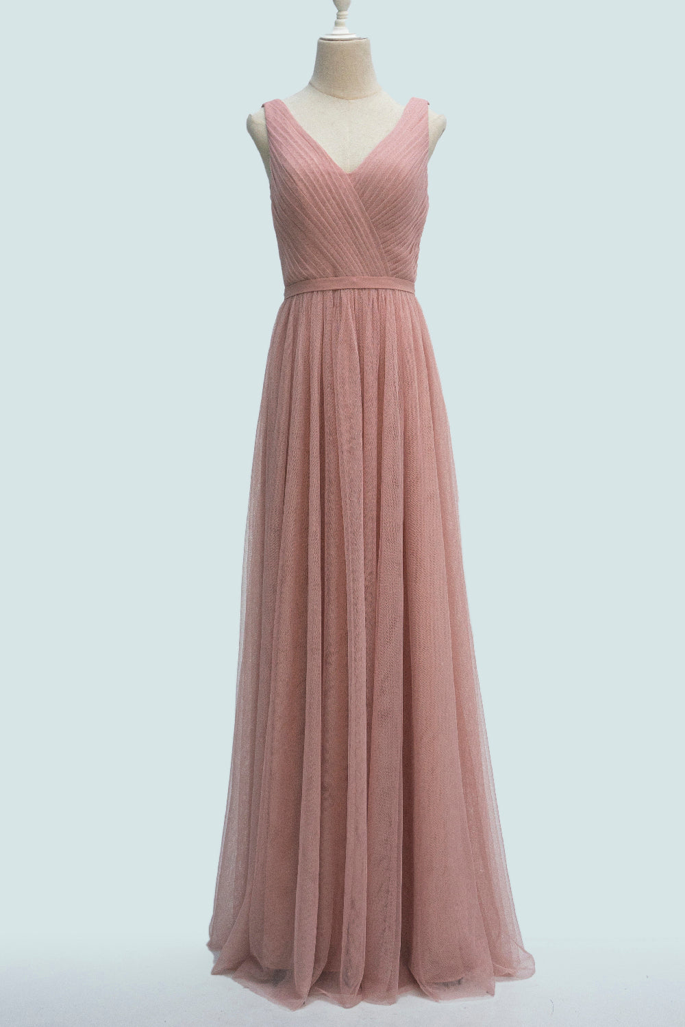 Blushing Pink A-line V-Neckline Pleated Long Bridesmaid Dress