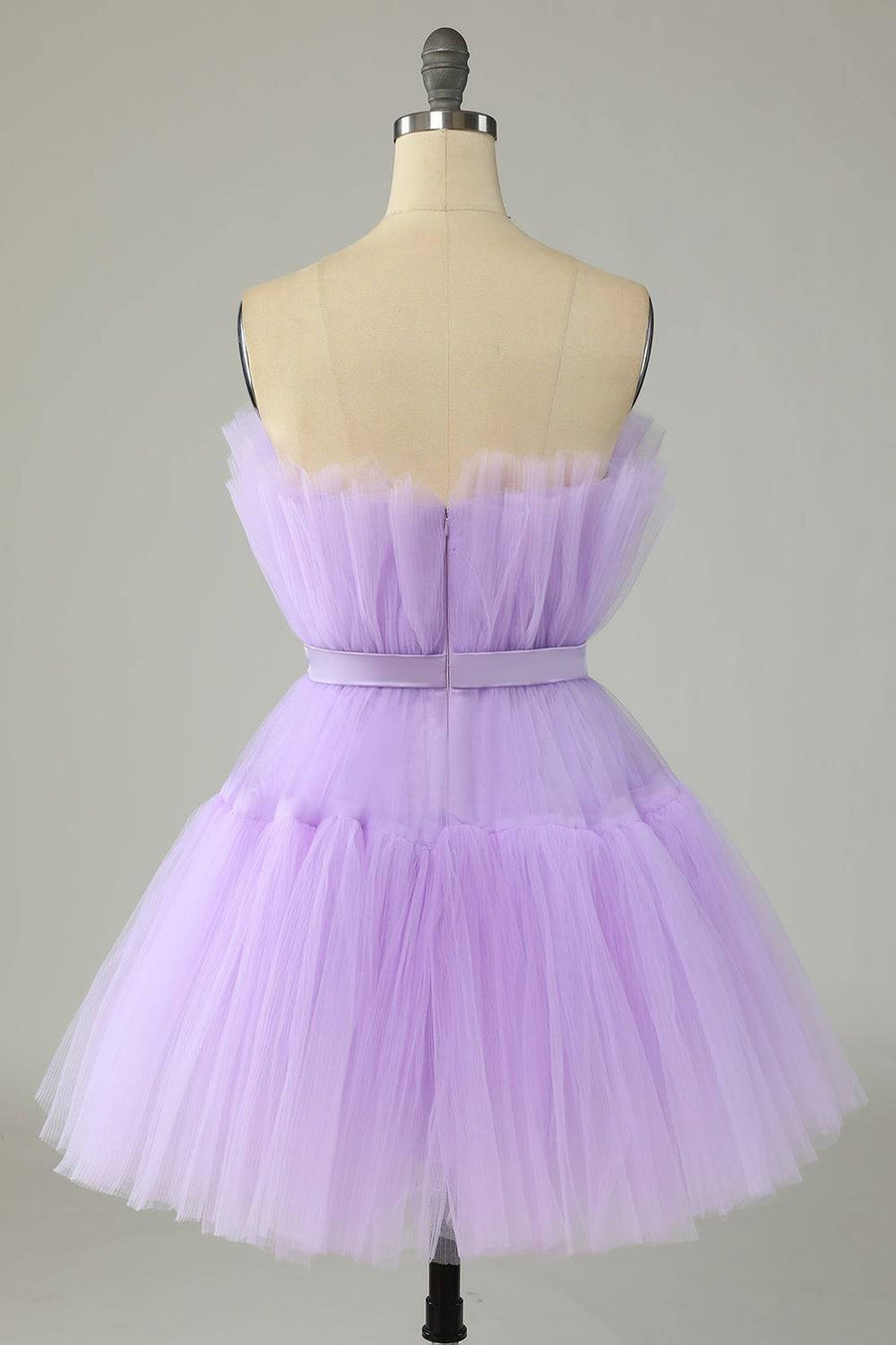 Lilac A-line Strapless Voluminous Tulle Mini Homecoming Dress with Sash
