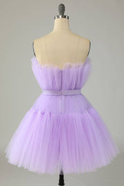 Lilac A-line Strapless Voluminous Tulle Mini Homecoming Dress with Sash