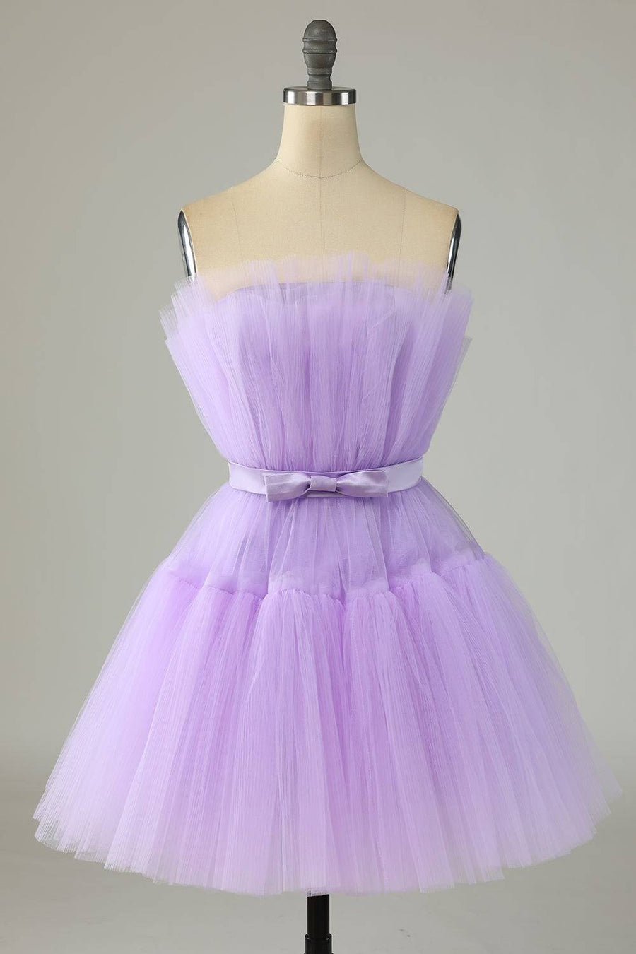 Lilac A-line Strapless Voluminous Tulle Mini Homecoming Dress with Sash