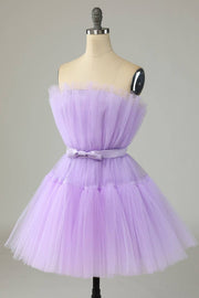 Lilac A-line Strapless Voluminous Tulle Mini Homecoming Dress with Sash