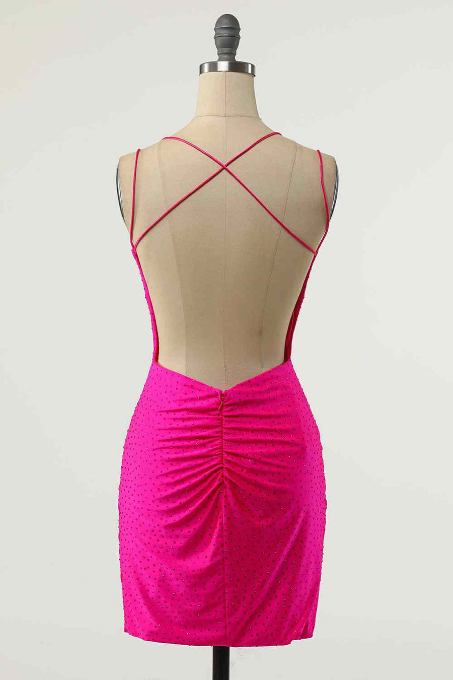 Fuchsia Sheath Double Straps Crossed Back Beaded Mini Homecoming Dress