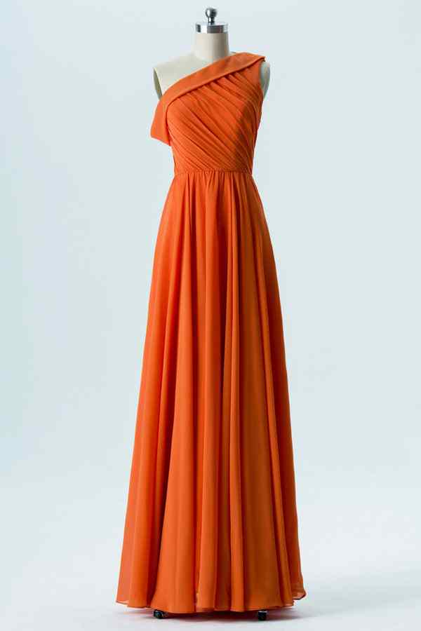 Orange A-line Asymmetrical Pleated Chiffon Long Bridesmaid Dress