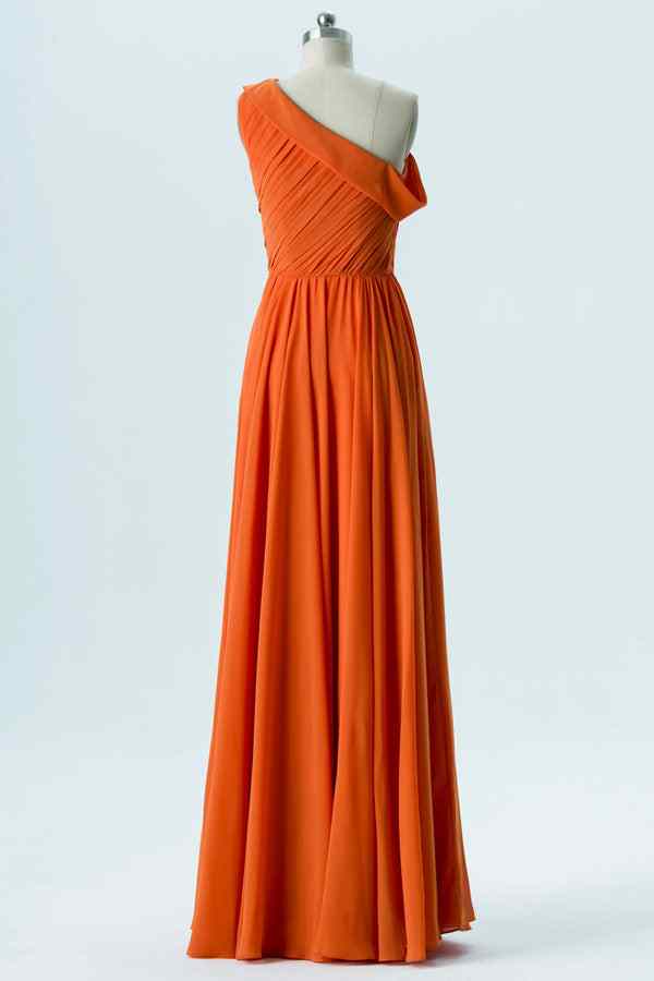 Orange A-Line Asymmetrical Pleated Chiffon Long Bridesmaid Dress Orange / Custom Size Orange A-Line Asymmetrical Pleated Chiffon Long Bridesmaid Dress Orange / Custom Size