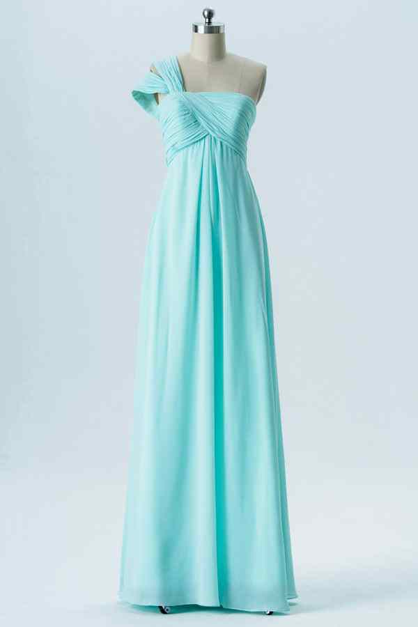Caribbean A-line One Shoulder Pleated Chiffon Long Bridesmaid Dress