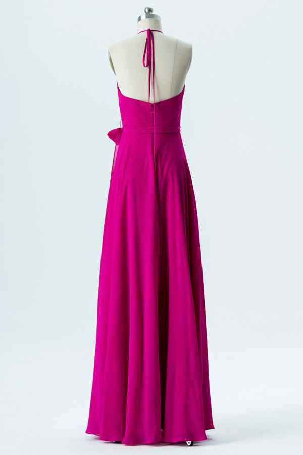Fuchsia A-line Bow Tie Back Cowl Neck Chiffon Long Bridesmaid Dress