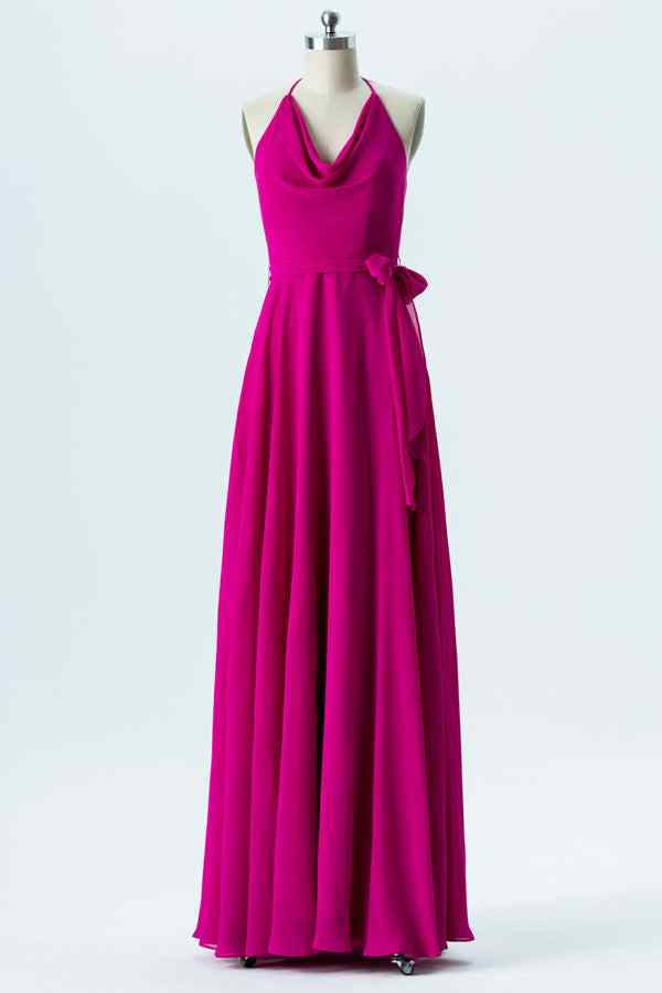 Fuchsia A-line Bow Tie Back Cowl Neck Chiffon Long Bridesmaid Dress