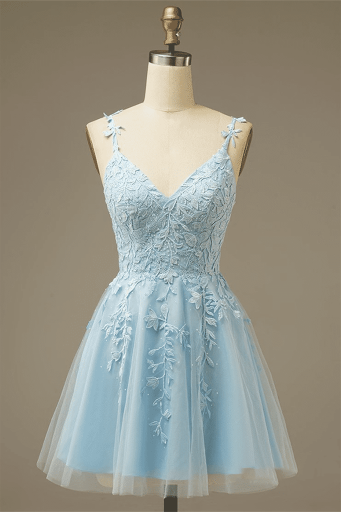 Light Blue A-line V Neck Appliques Tulle Mini Homecoming Dress | Joyofdress Light Blue A-line V Neck Appliques Tulle Mini Homecoming Dress | Joyofdress