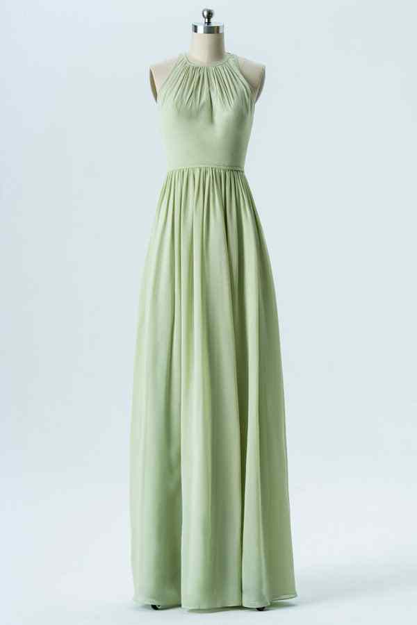 Agave A-line Halter Pleated Chiffon Long Bridesmaid Dress