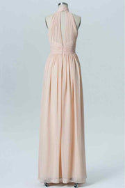 Blushing Pink A-line Halter Pleated Cut-Out Chiffon Long Bridesmaid Dress