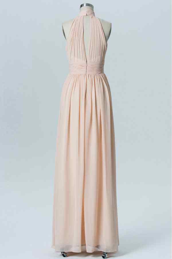 Blushing Pink A-line Halter Pleated Cut-Out Chiffon Long Bridesmaid Dress